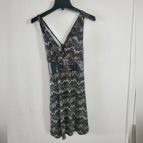 90s vintage Metropark mini dress Belted bikercore mobwive deep v front - Picture 1 of 10